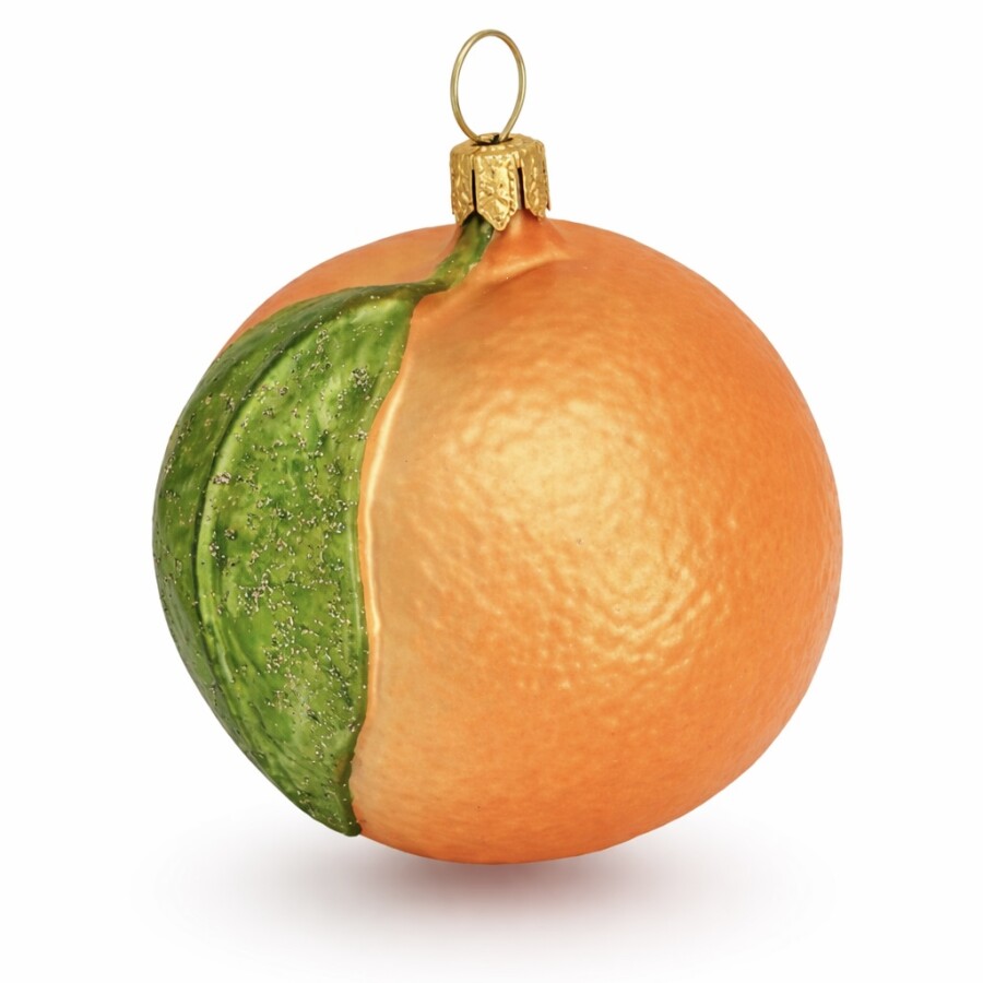 Orange aus Glas mit Blatt – ausgefallener Christbaumschmuck