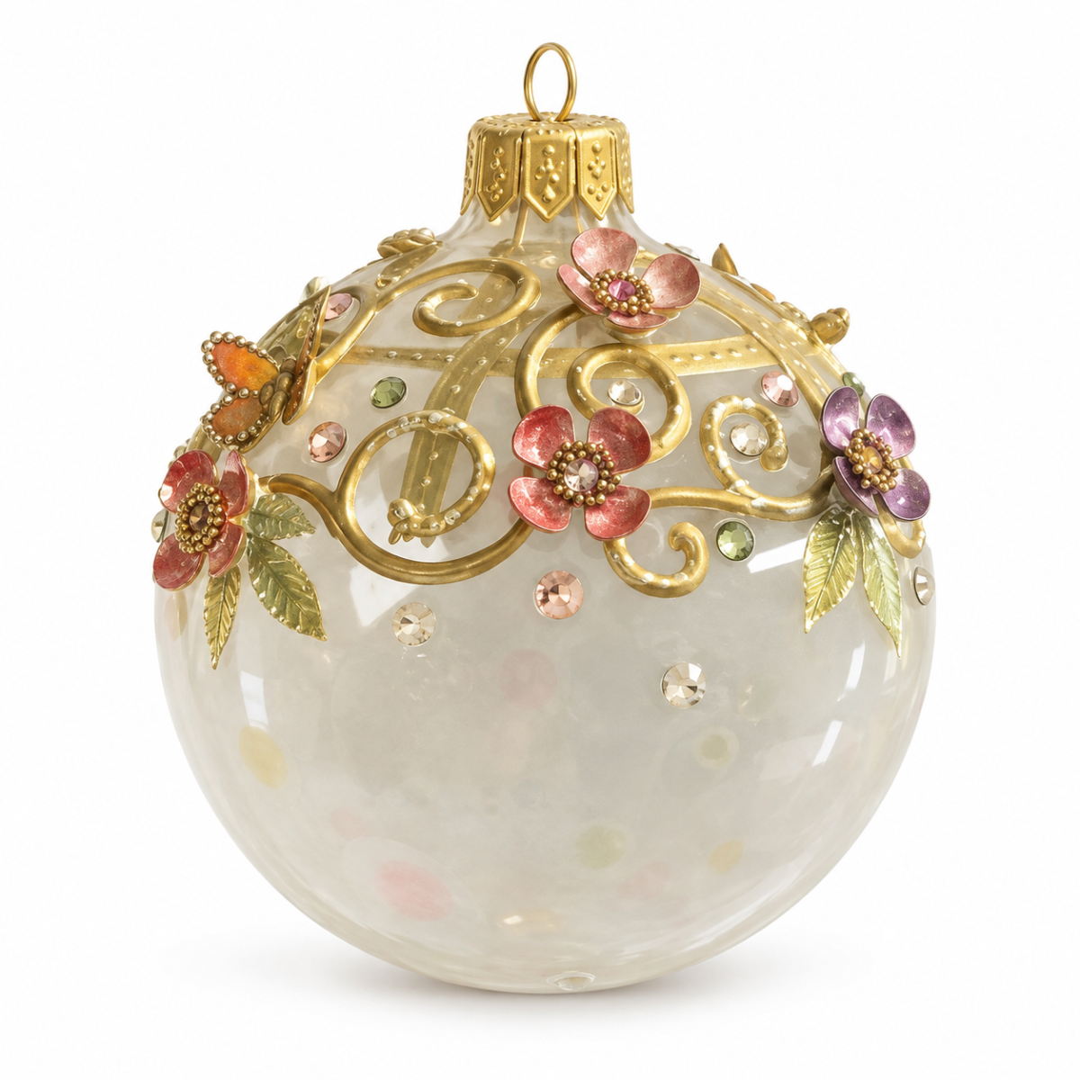Christbaumkugel aus Glas mit 3D-Blüten & Schmucksteinen 
