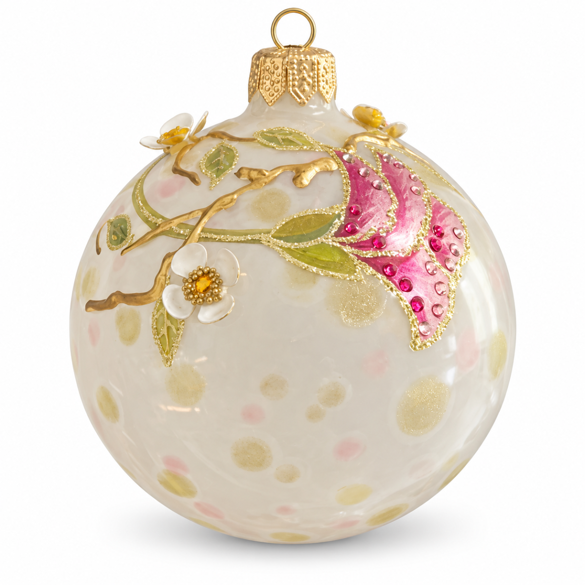 Glas-Christbaumkugel mit pinker 3D-Blüte & Blütenzweig 