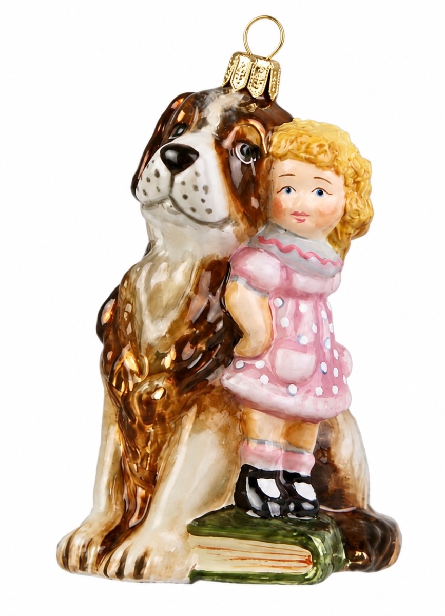 Mädchen mit großem Hund-Christbaumschmuck aus Glas