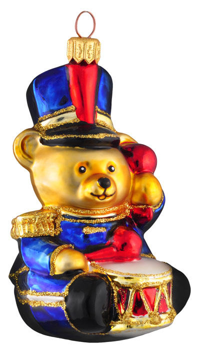Teddybär als Trommler in Blau – Christbaumschmuck aus Glas