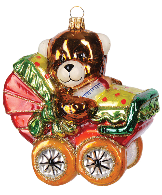 Teddybär im Puppenwagen aus Glas – Christbaumschmuck