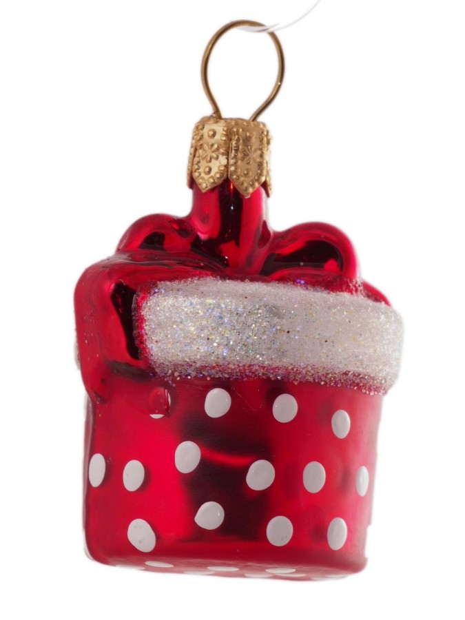 Christbaumschmuck Geschenk rot mit weißen Punkten – Glas