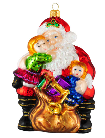 Weihnachtsmann mit Kindern-Christbaumschmuck aus Glas