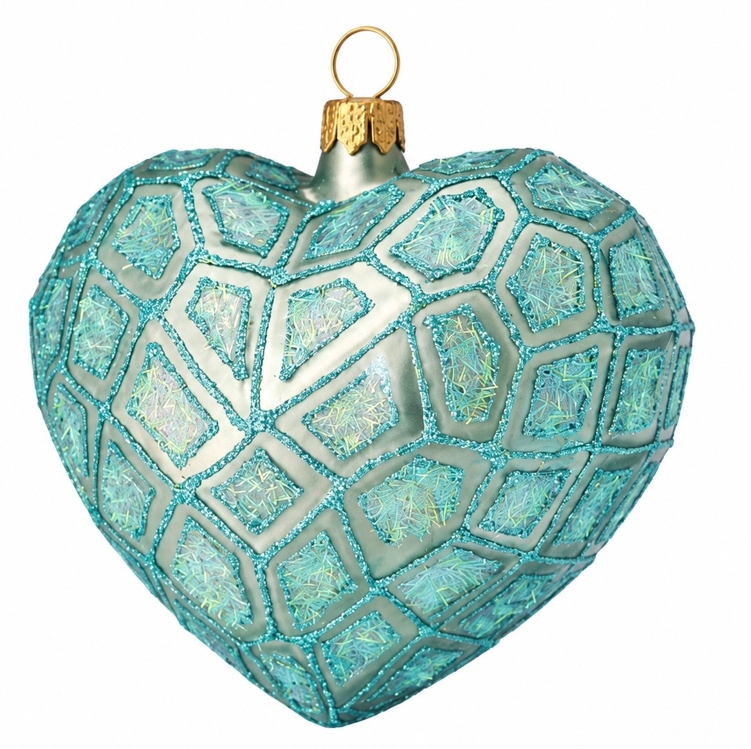 Türkises Herz aus Glas – handdekorierter Christbaumschmuck 