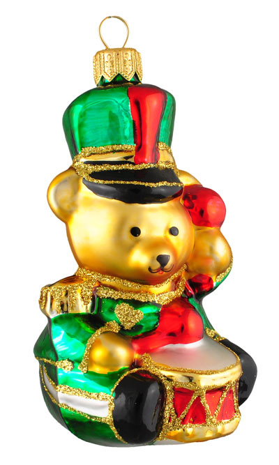 Teddybär als Trommler aus Glas – Christbaumschmuck