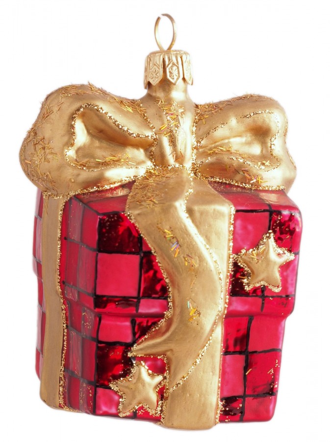 Rotes Weihnachtsgeschenk aus Glas mit goldener Schleife
