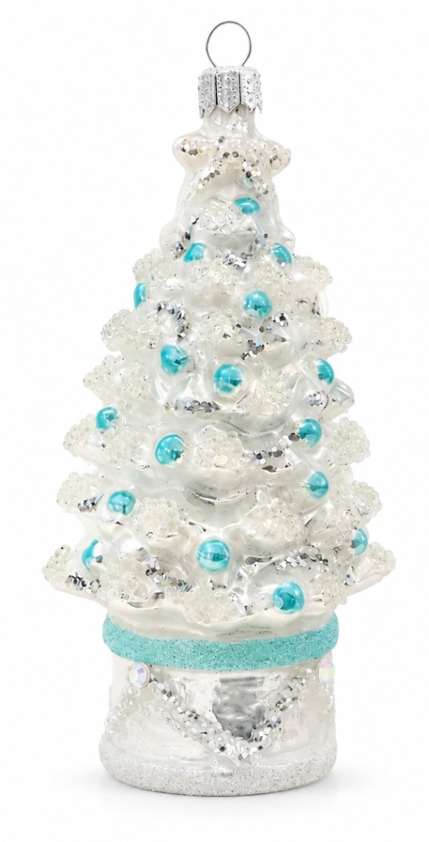 Winterlicher Weihnachtsbaum Weiß-Türkis – Christbaumschmuck aus Glas