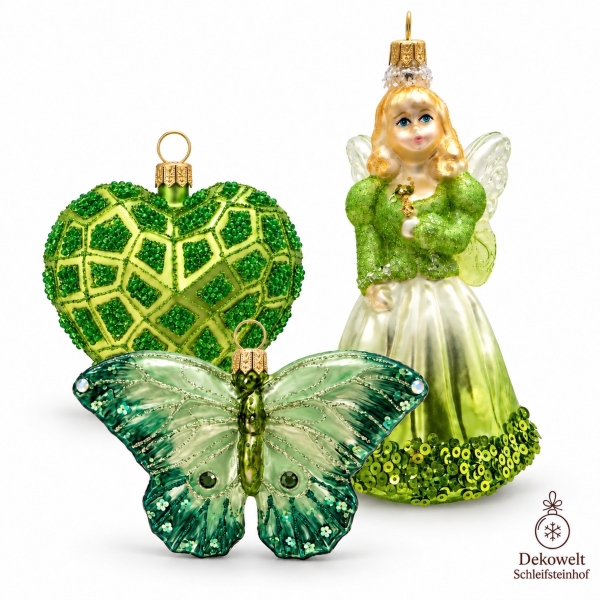 Geschenkset Grün – Waldfee, Herz und Schmetterling aus Glas