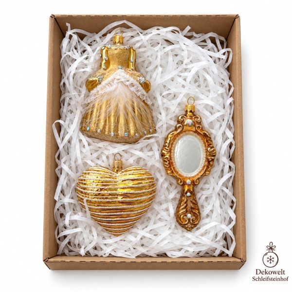 Goldenes Geschenkset aus Glas – Herz, Kleid und Handspiegel