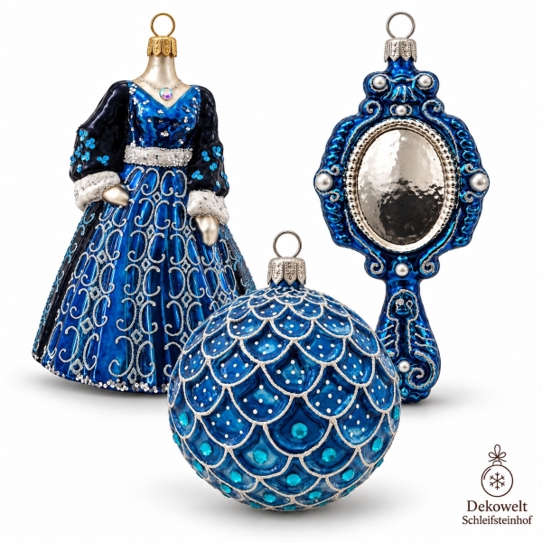 Blaues Geschenkset aus Glas – Kleid, Handspiegel und Christbaumkugel