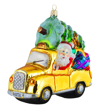 Einzigartiger Christbaumschmuck - Weihnachtsmann im Auto aus Glas