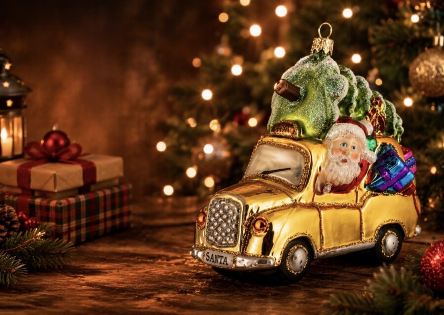 Einzigartiger Christbaumschmuck - Weihnachtsmann im Auto aus Glas