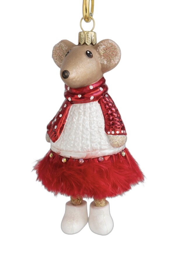 Zauberhafter Maus im roten Kleid-handbemalter Christbaumschmuck aus Glas
